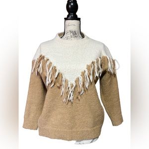 Goodnight macaroon women’s fringe pullover sweater Brown White,  M/L